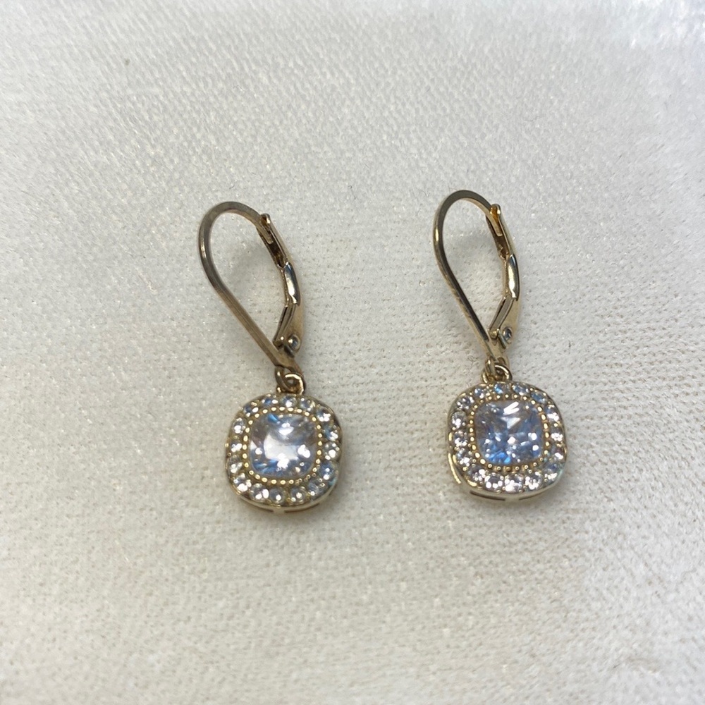 Gold plated drop earrings with halo CZ settings